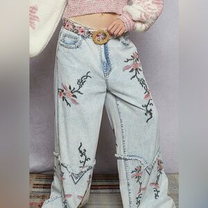 POL Light Blue Floral Embroidered Wide Leg Jeans